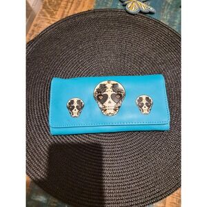 Turquoise Sugar Skull Wallet Day of the Dead Blue Faux Leather Trifold Organizer